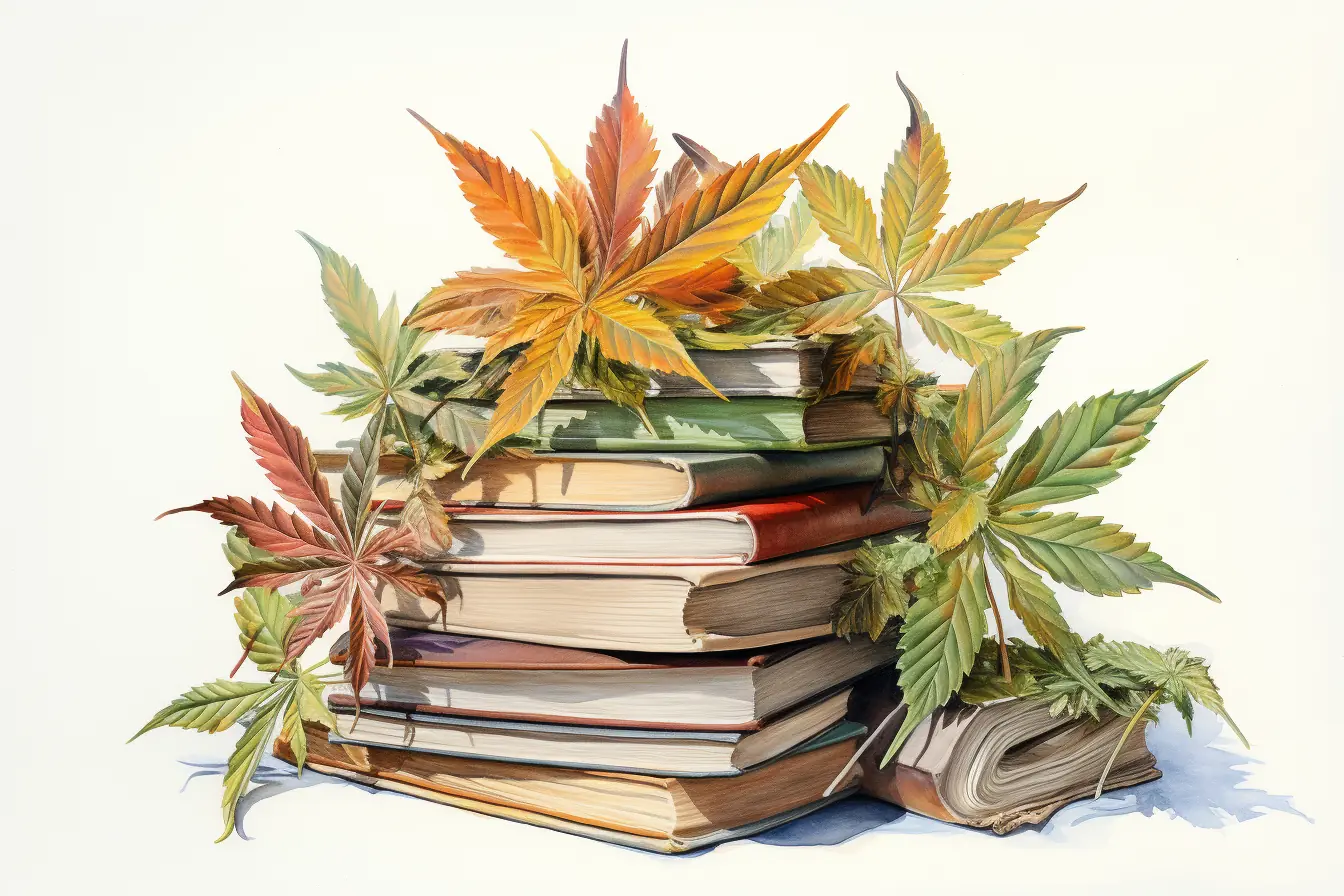 Eine Pflanze mit dem Namen Cannabis hat grüne Blätter, die auf einem Haufen von Büchern platziert sind, die aufeinander gestapelt sind.