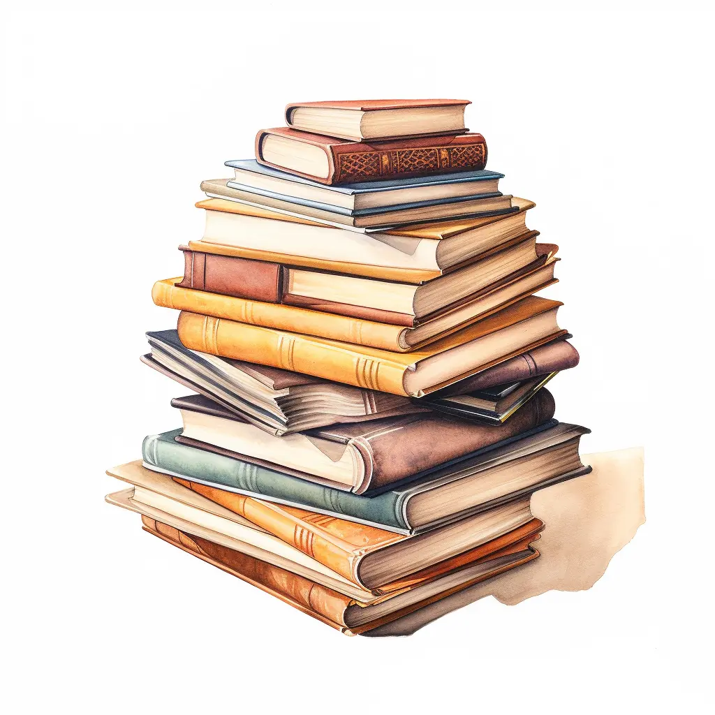 In einer Zeichnung, die sowohl realistisch als auch kreativ ist, sind mehrere Bücher in Pastellfarben übereinander gelegt.